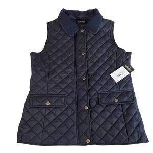Lauren Ralph Lauren Quilted Vest Navy Blue Snap Front Collar Pockets Size S